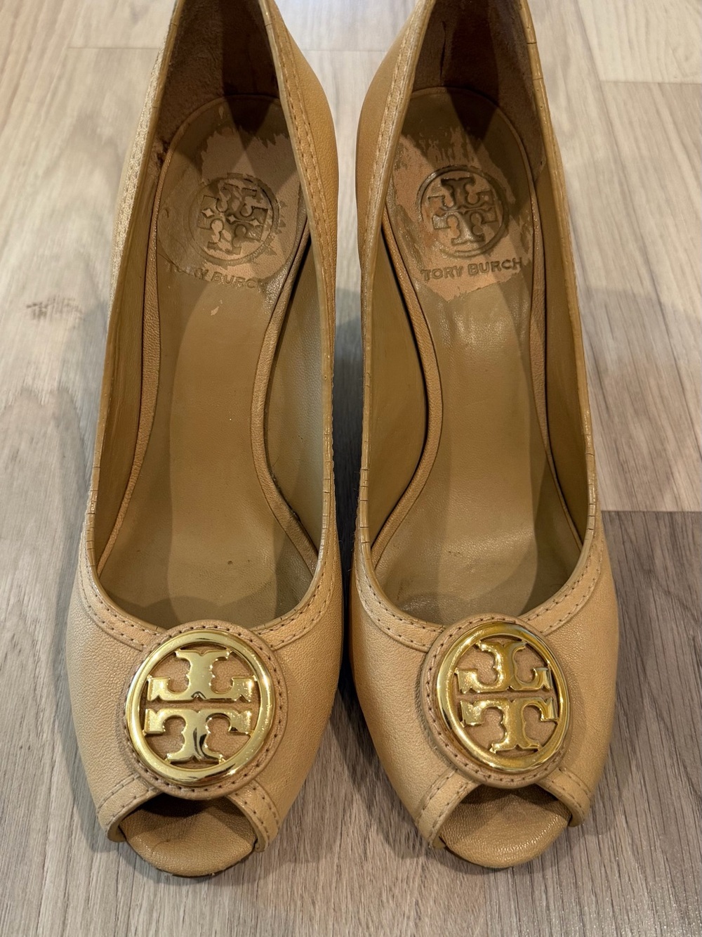 Tory Burch Tan Leather Peep-Toe Heels with Gold Logo Medallion